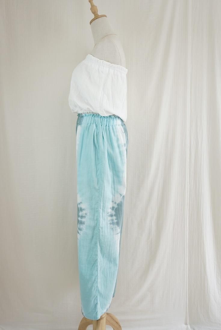 W gauze Relax Pants Deepgreen x Turquoise