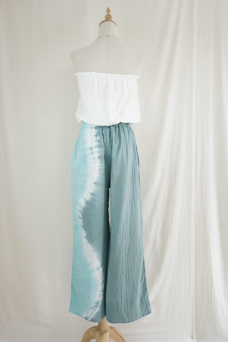 W gauze Relax Pants Deepgreen x Turquoise