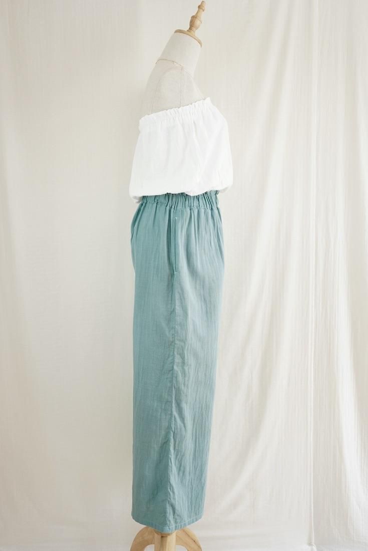 W gauze Relax Pants Deepgreen x Turquoise