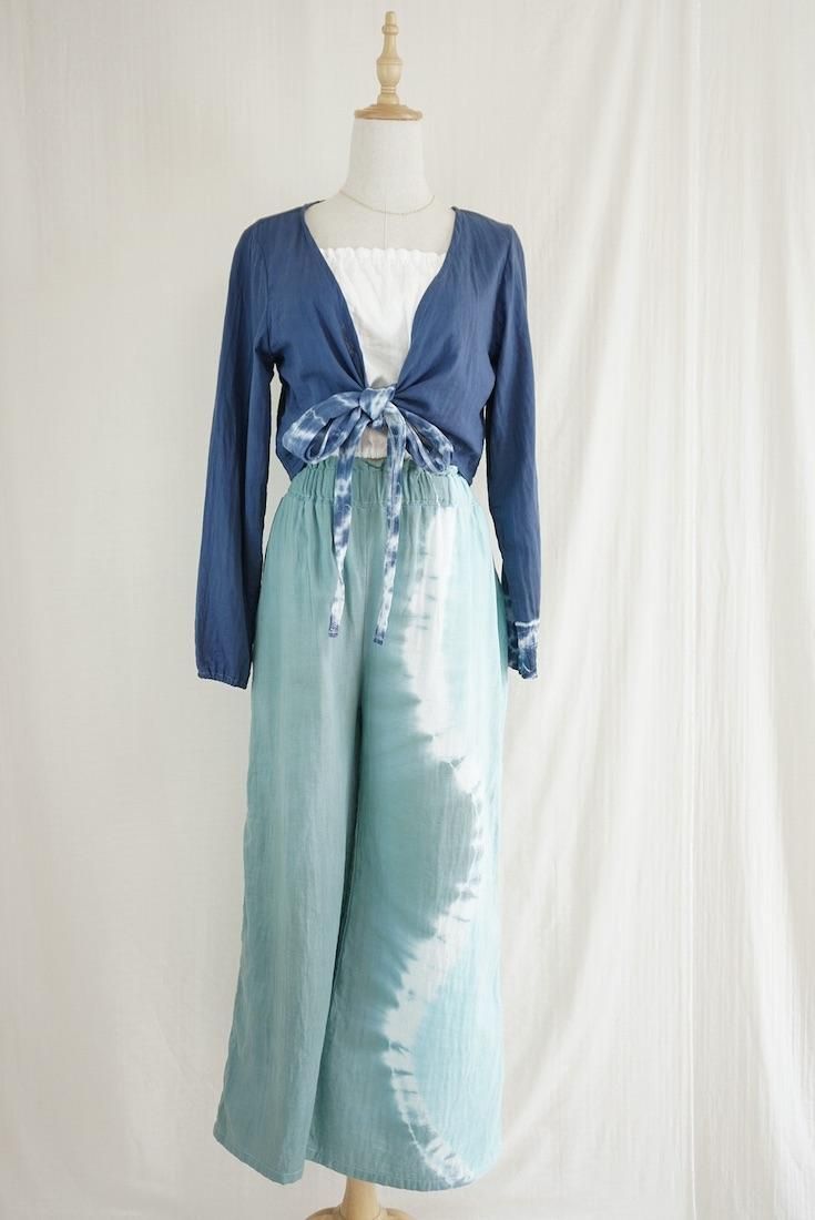W gauze Relax Pants Deepgreen x Turquoise