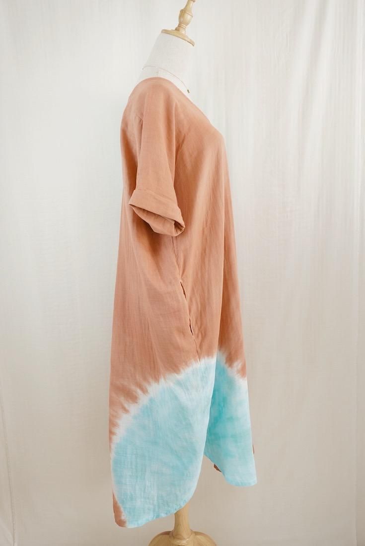 W-gauze  Relax Dress Retrobrown x Turquoise