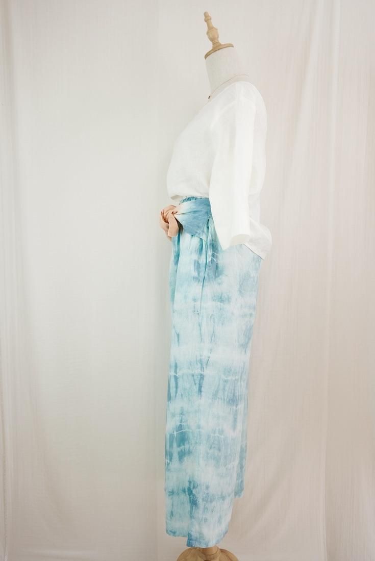 French Linen Ribbon Pants Vintageblue x Apricot 