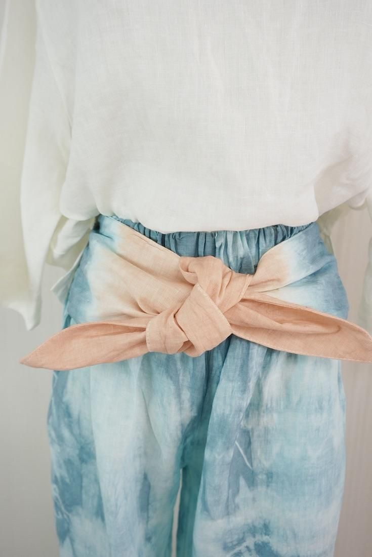 French Linen Ribbon Pants Vintageblue x Apricot 