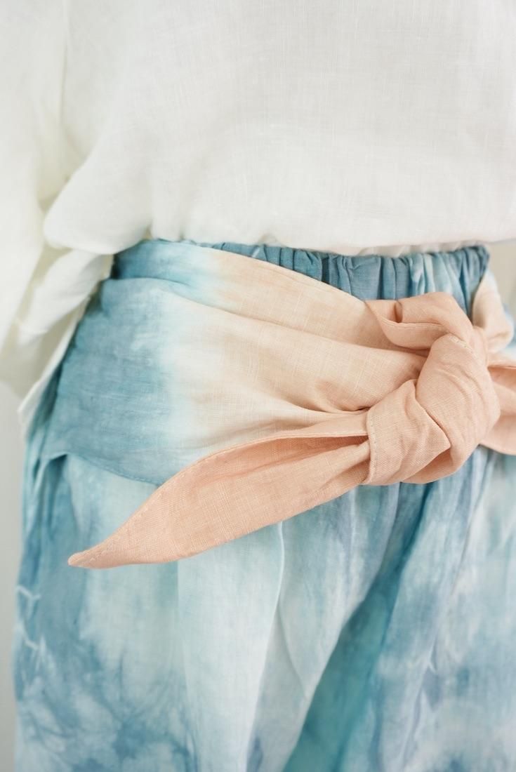 French Linen Ribbon Pants Vintageblue x Apricot 