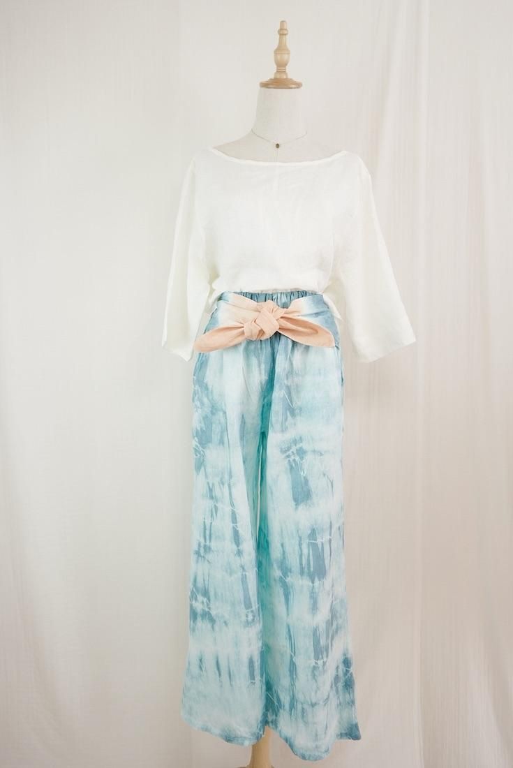 French Linen Ribbon Pants Vintageblue x Apricot 
