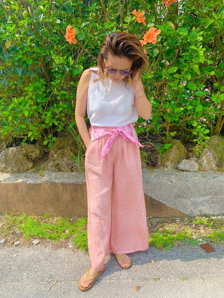 French Linen Ribbon Pants Deepgreen x Sage
