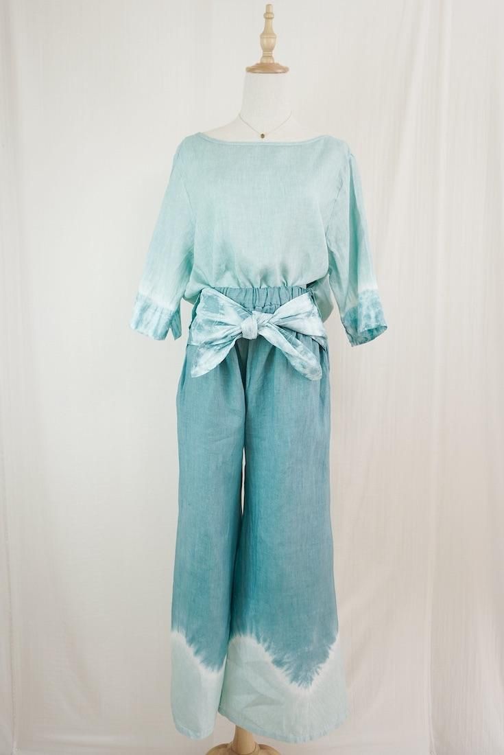 French Linen Ribbon Pants Deepgreen x Sage
