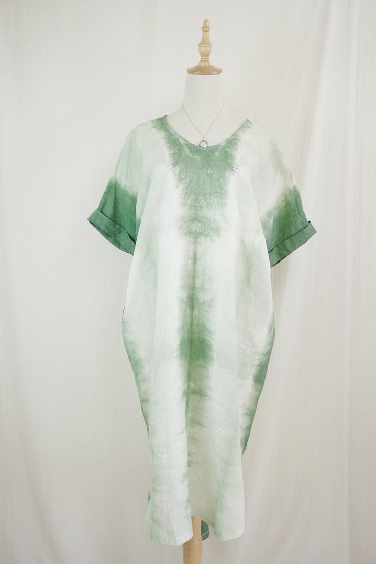 French Linen Relax Dress Jungle green x Pistachio