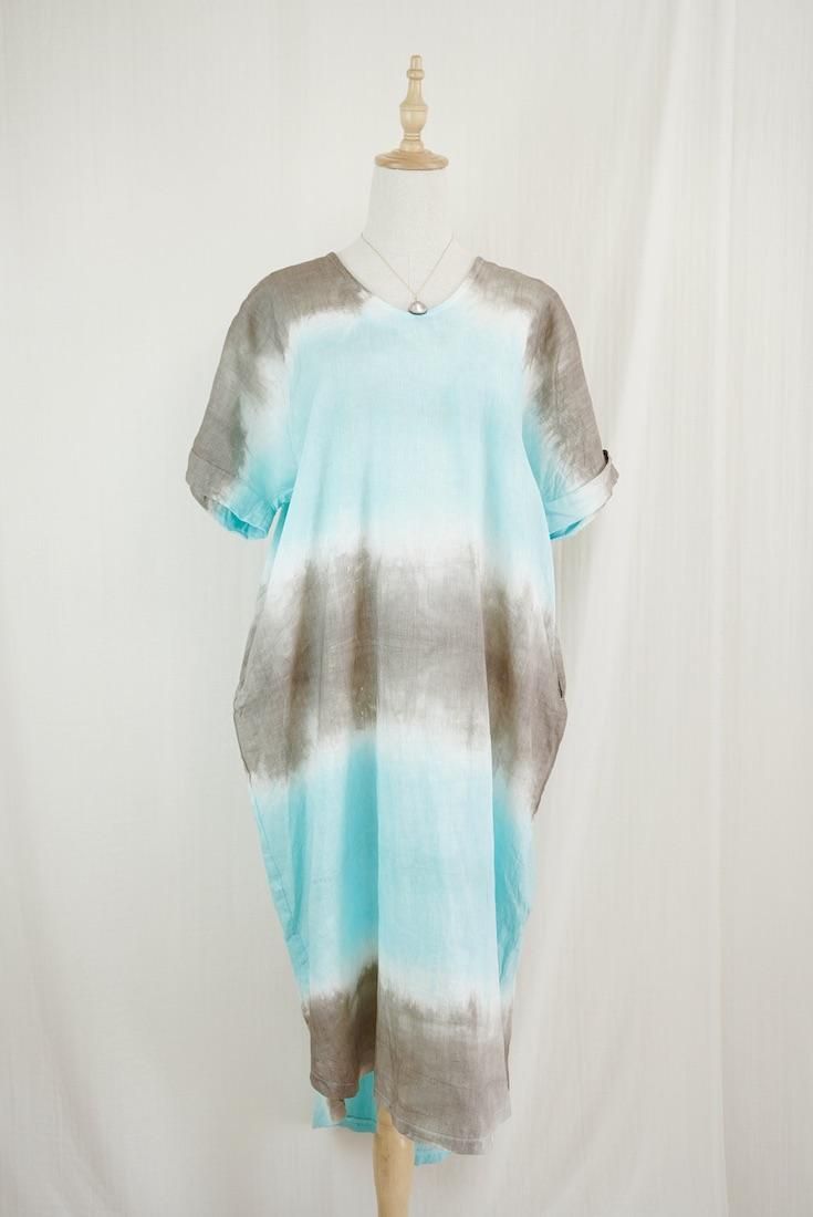 French Linen Relax Dress Taupe x Turquoise