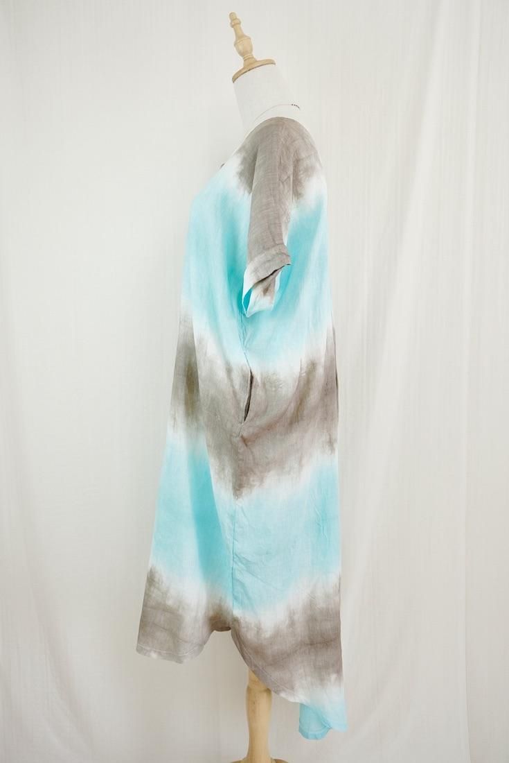 French Linen Relax Dress Taupe x Turquoise