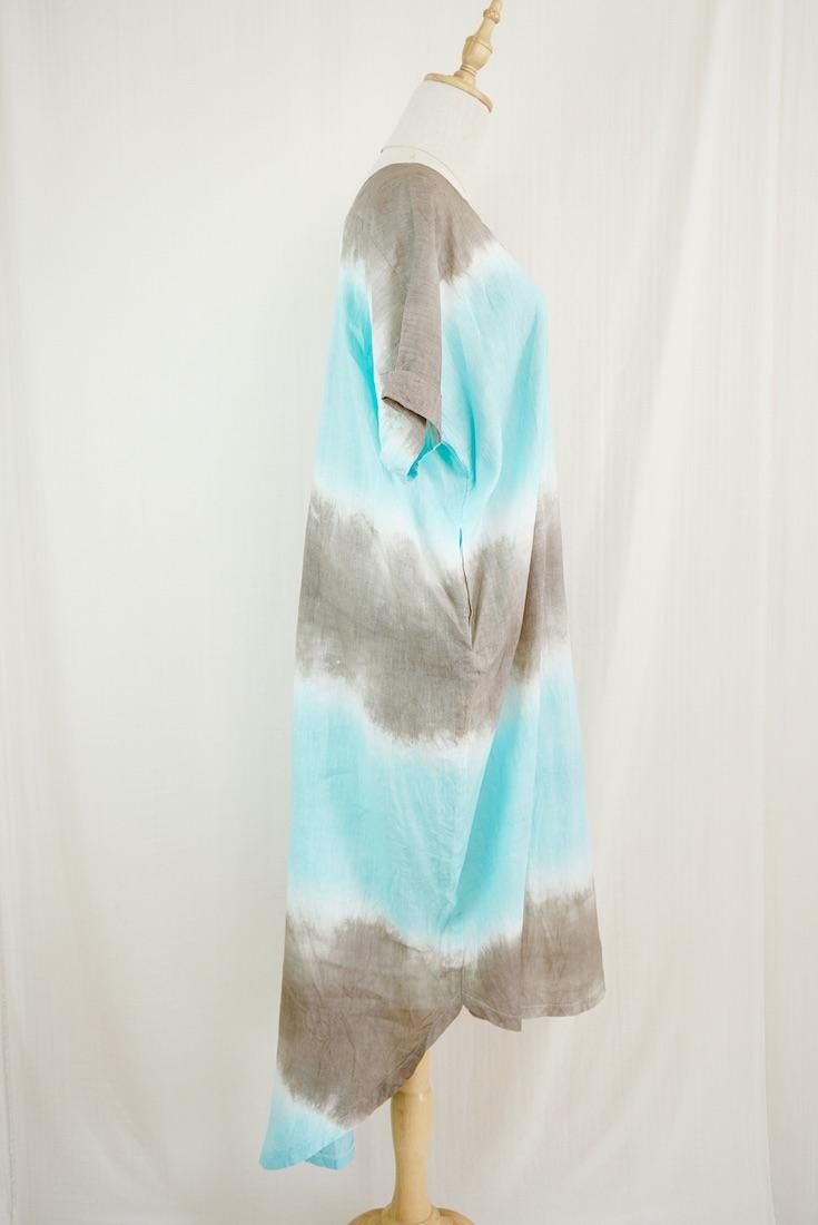 French Linen Relax Dress Taupe x Turquoise