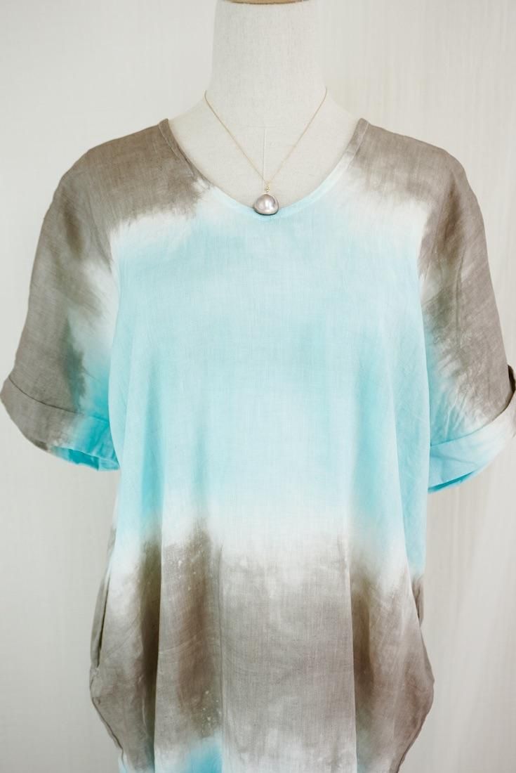 French Linen Relax Dress Taupe x Turquoise