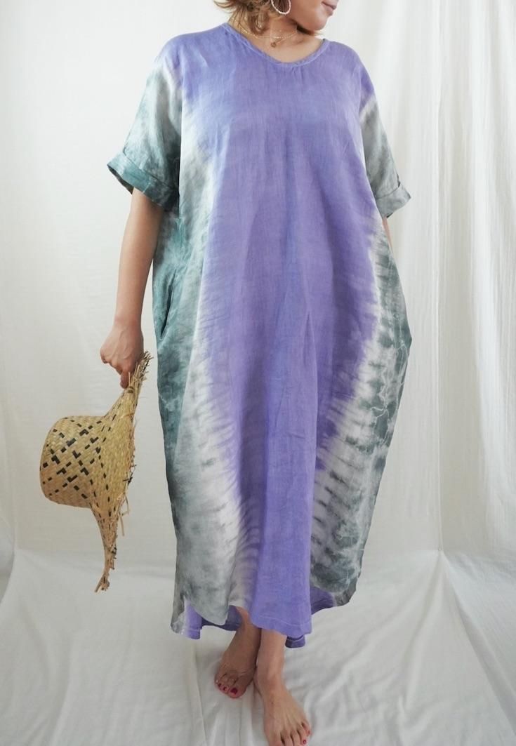 French Linen Relax Dress Deegreen x Amethyst