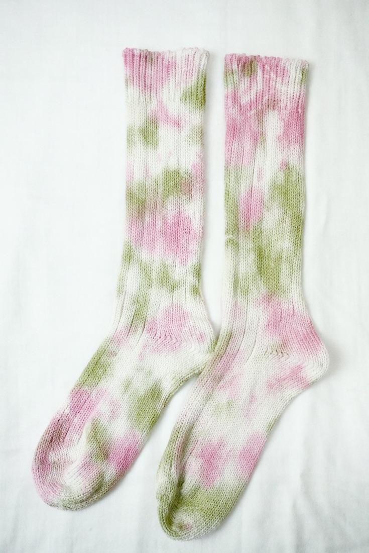Organic Cotton Low gauge socks 2color SHIBORI Khaki x Cherryblossom 