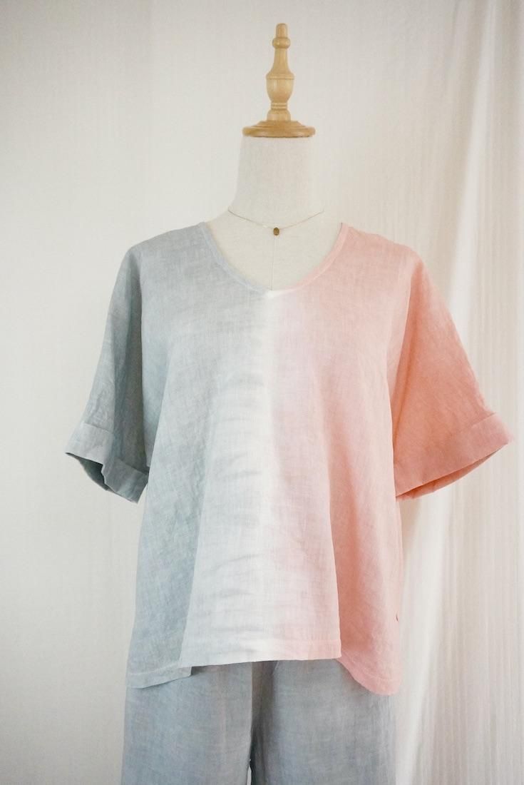 French Linen Relax Top  Lightgray x Pinkbeige
