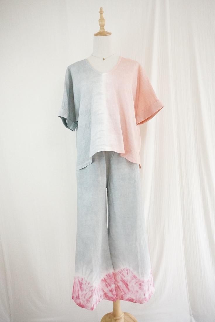 French Linen Relax Top  Lightgray x Pinkbeige
