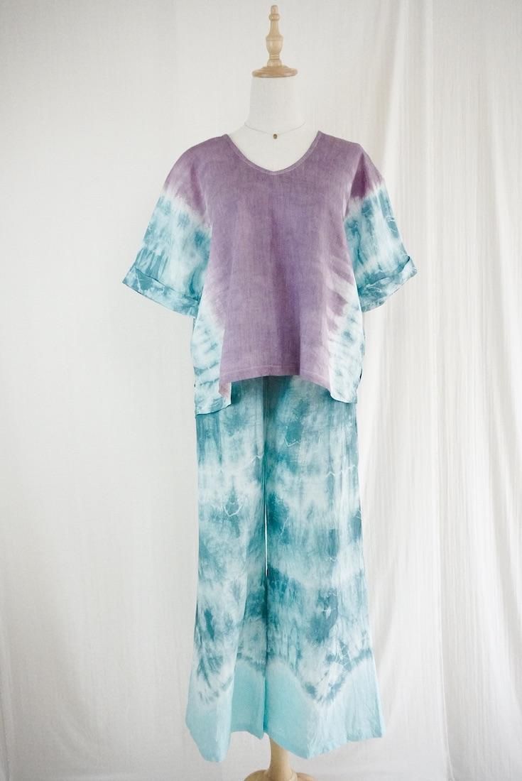 French Linen Relax Top Violet x Deepgreen