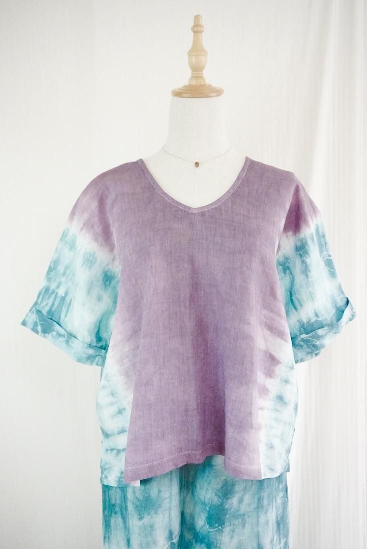 French Linen Relax Top Violet x Deepgreen