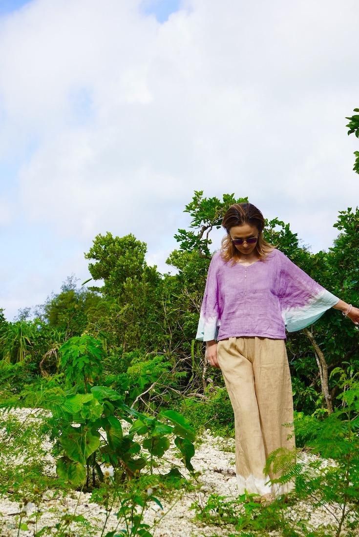 French Linen 2way flare sleeve top Violet x Sage