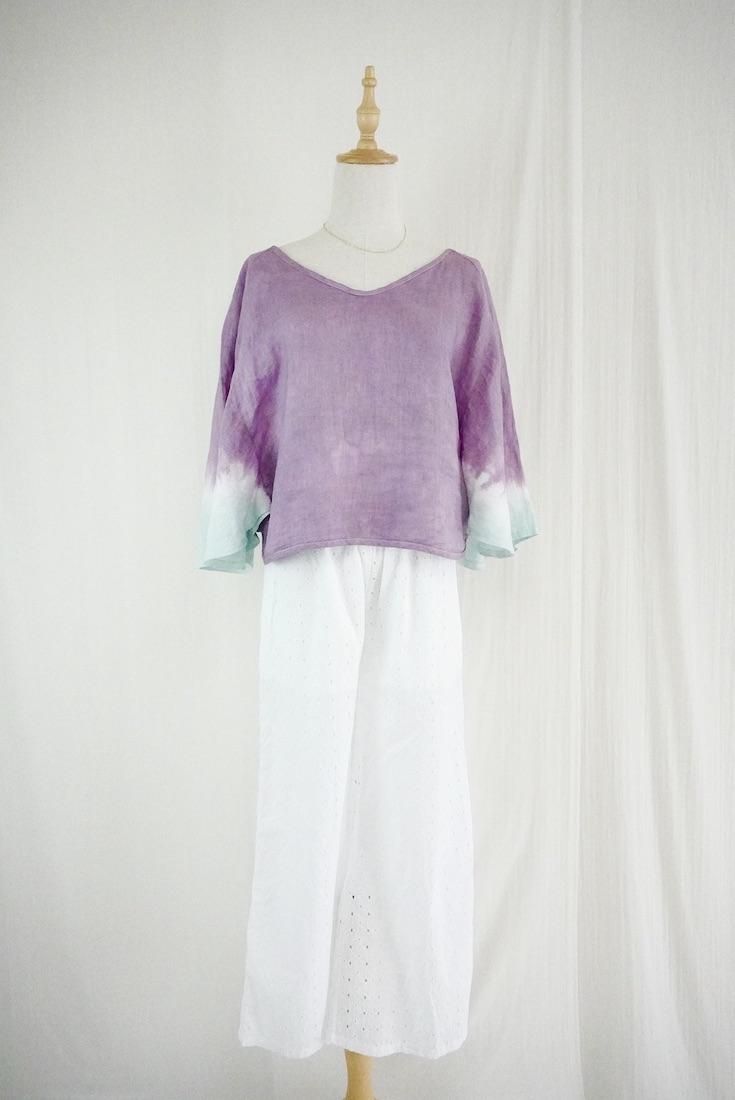 French Linen 2way flare sleeve top Violet x Sage