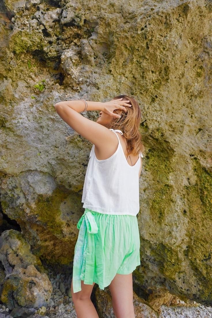 W gauze Wrap short pants Deepgreen x Lilac