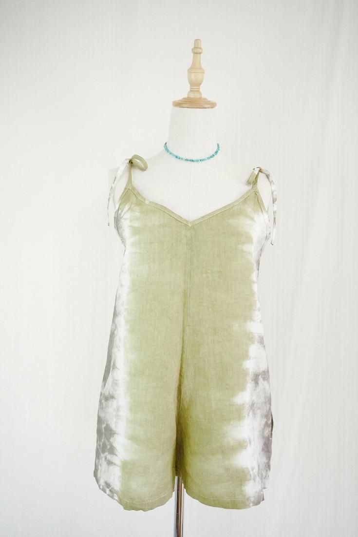 French Linen  Short Rompers  Khaki x Taupe