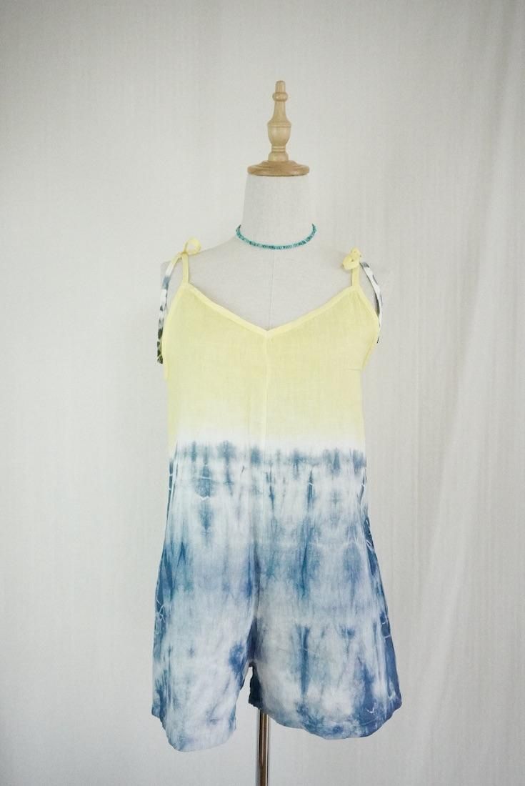 French Linen  Short Rompers Moonlight sea x Yellow 