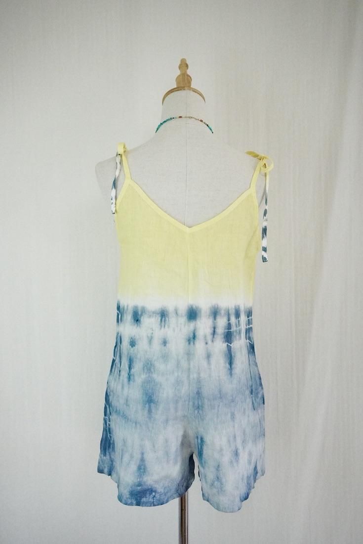 French Linen  Short Rompers Moonlight sea x Yellow 