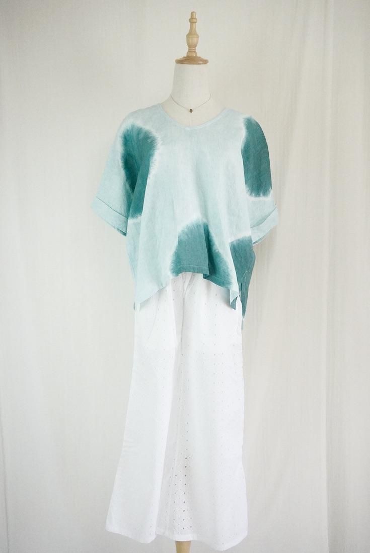 French Linen Relax Top “ Deepgreen x Ice mint”