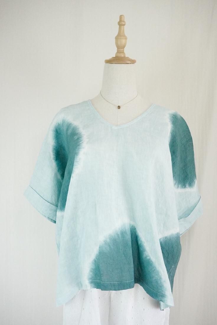French Linen Relax Top “ Deepgreen x Ice mint”