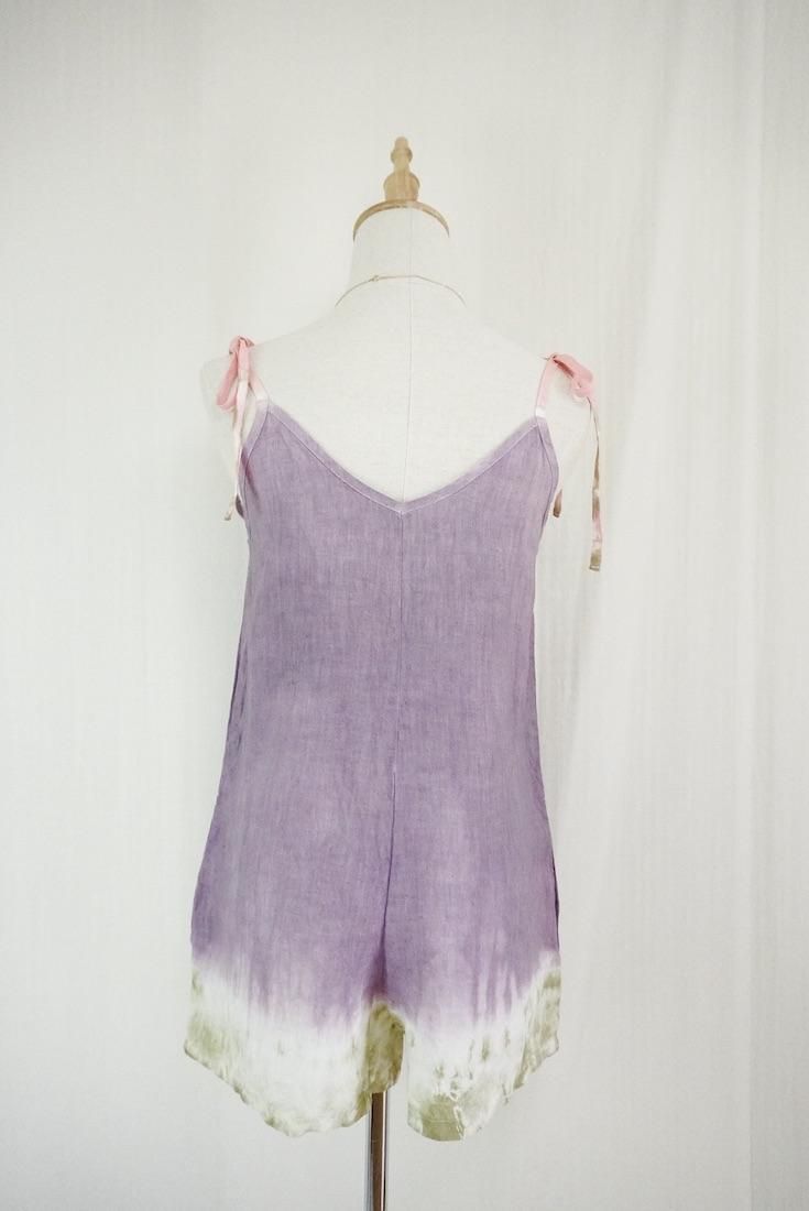 French Linen  Short Rompers Violet x Khaki x Peachshell