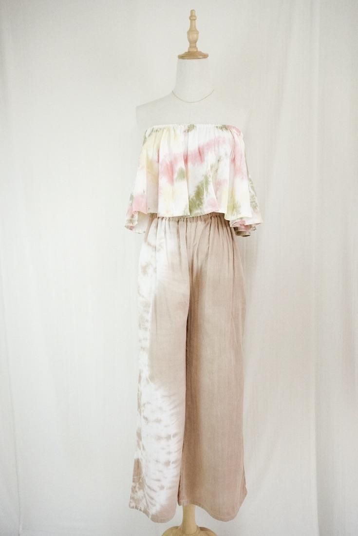 W gauze Flare Bare top Khaki x Custard x Peachshell
