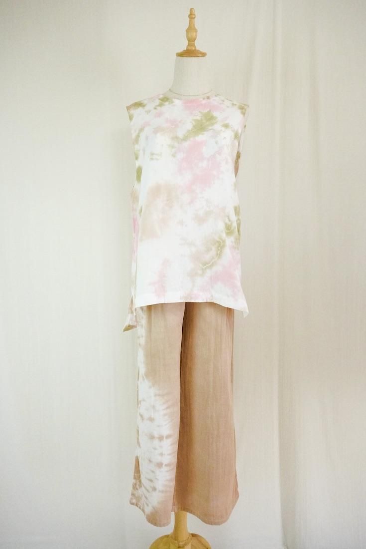 W gauze Big silhouette tank Cafelate x Khaki x Peachshell 