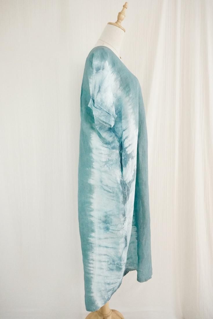 Japan Linen  Relax Dress  Deepgreen x Vintageblue 
