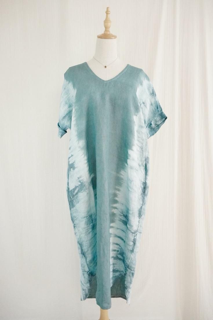 Japan Linen  Relax Dress  Deepgreen x Vintageblue 