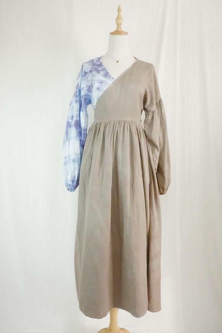 W-gauze Puff sleeve wrap long dress  Taupe x Lavender