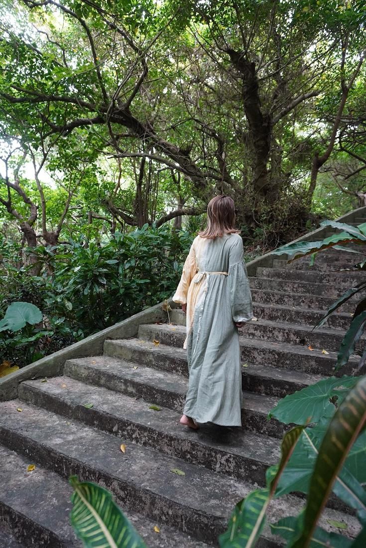 W-gauze Puff sleeve wrap long dress  Taupe x Lavender