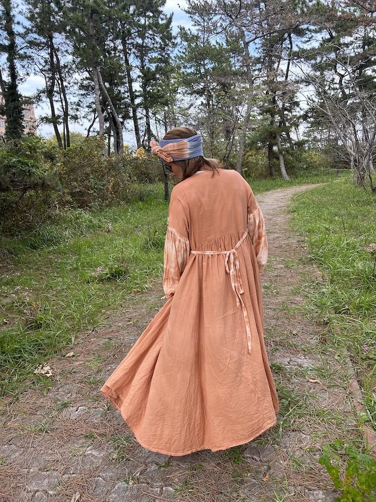 W-gauze Puff sleeve wrap long dress  Taupe x Lavender