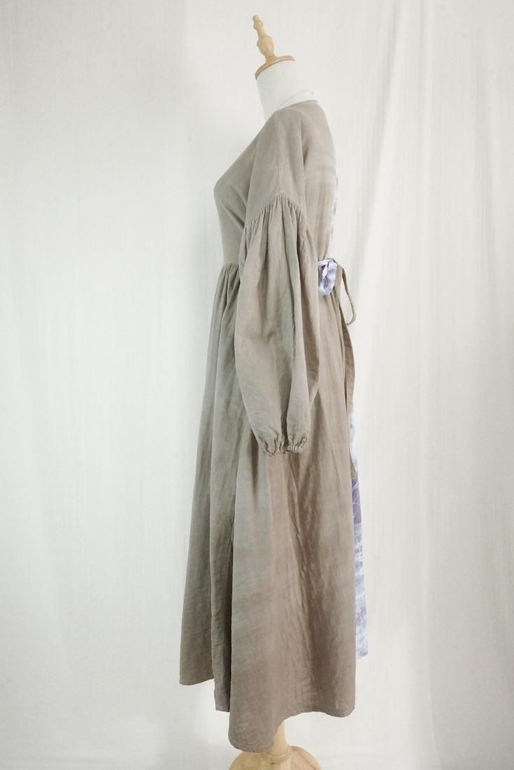 W-gauze Puff sleeve wrap long dress  Taupe x Lavender