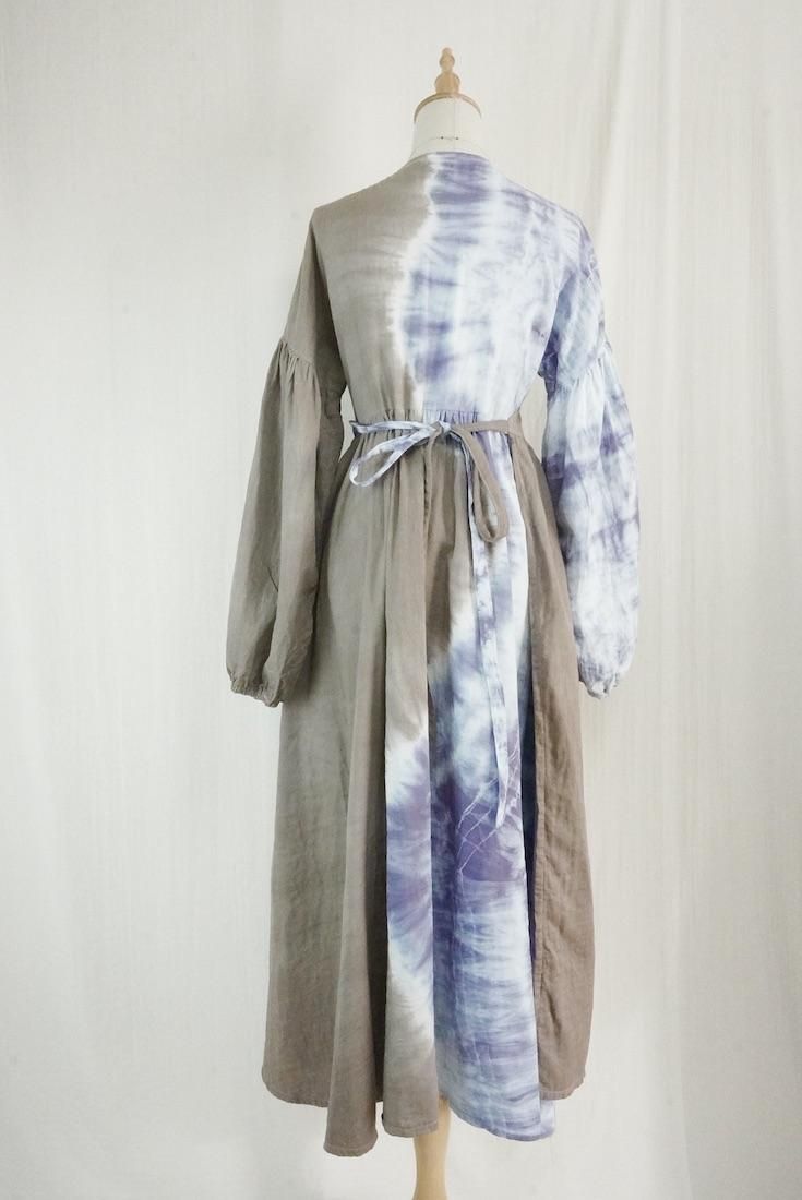 W-gauze Puff sleeve wrap long dress  Taupe x Lavender