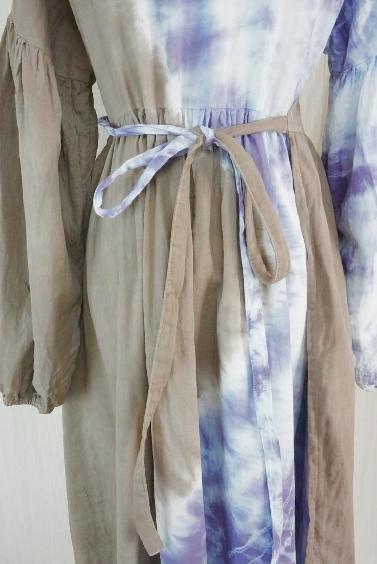 W-gauze Puff sleeve wrap long dress  Taupe x Lavender