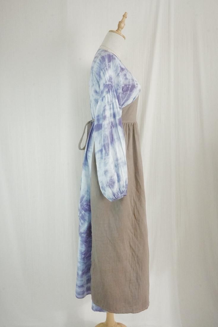 W-gauze Puff sleeve wrap long dress  Taupe x Lavender