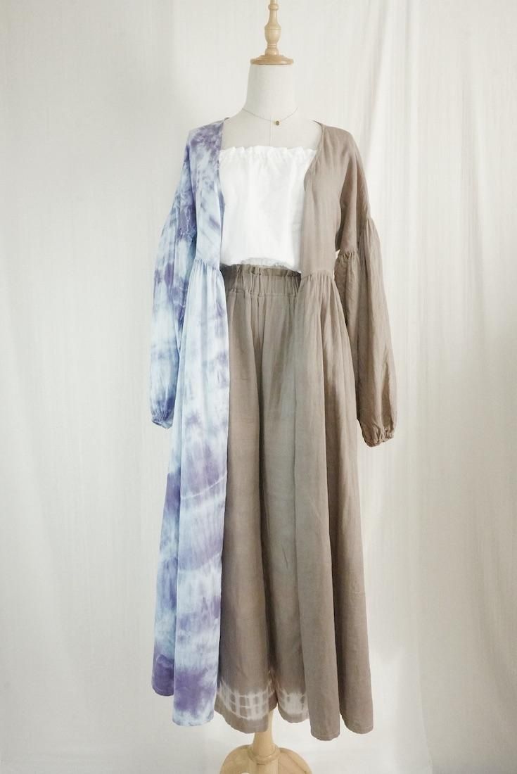 W-gauze Puff sleeve wrap long dress  Taupe x Lavender