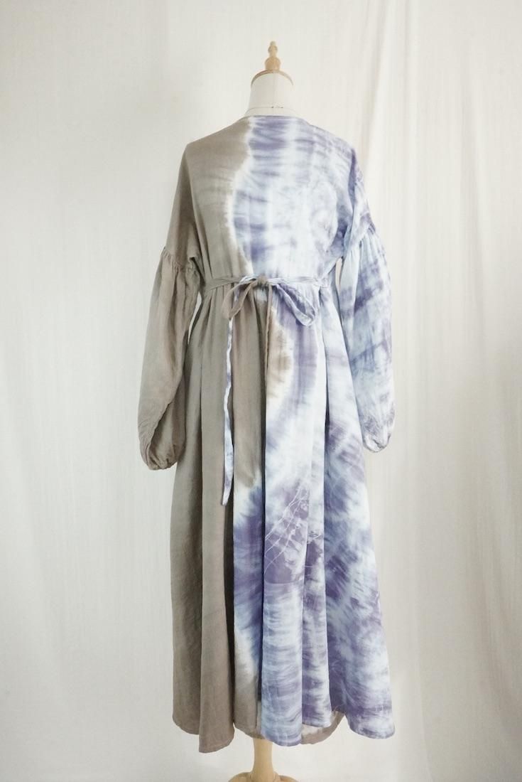 W-gauze Puff sleeve wrap long dress  Taupe x Lavender