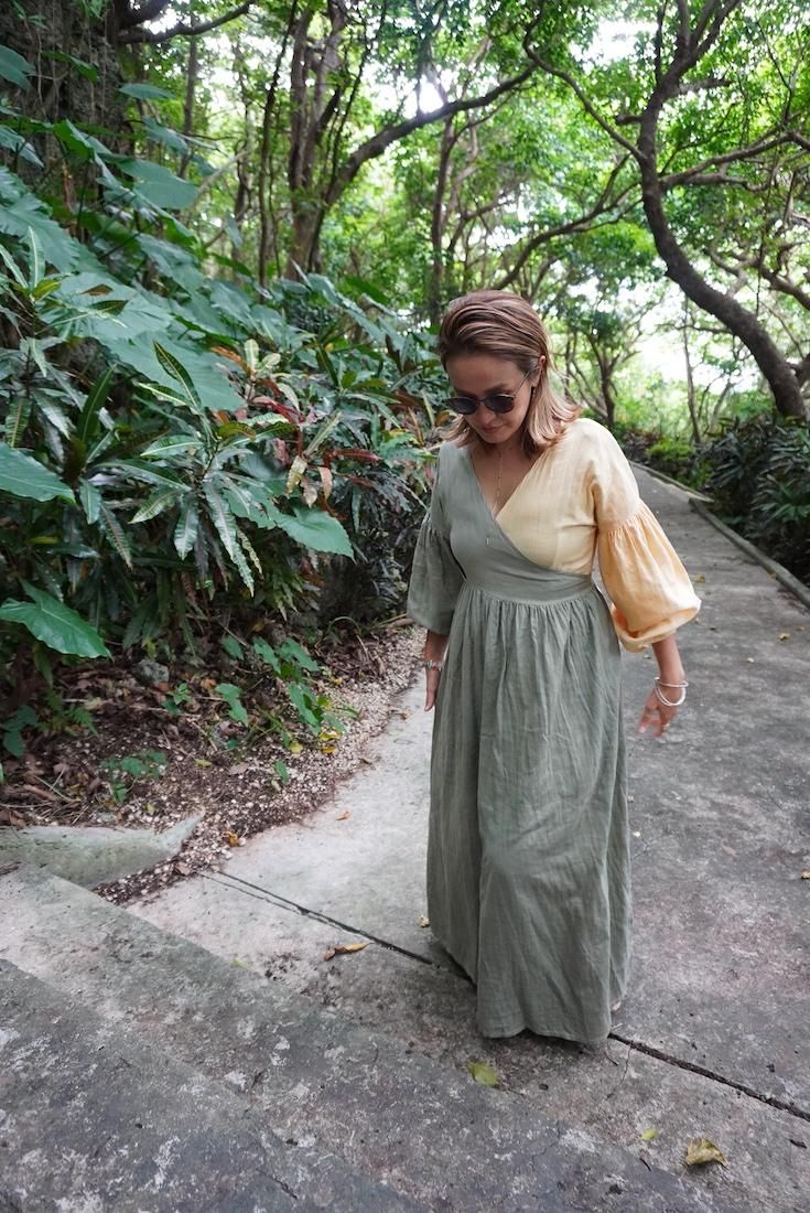 W-gauze Puff sleeve wrap long dress  Taupe x Lavender