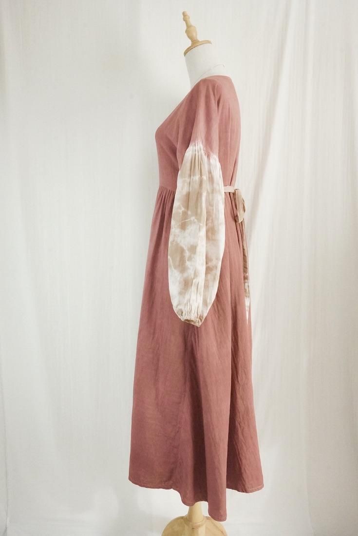 W-gauze Puff sleeve wrap long dress  Bordeaux x Brownsugar