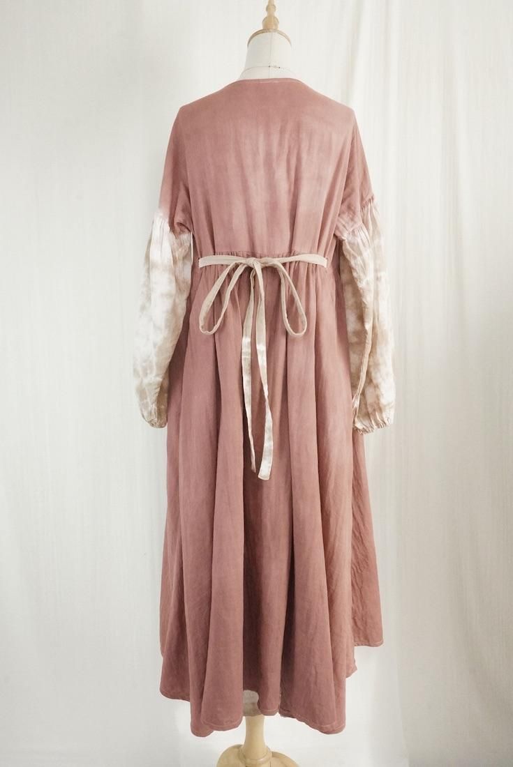 W-gauze Puff sleeve wrap long dress  Bordeaux x Brownsugar