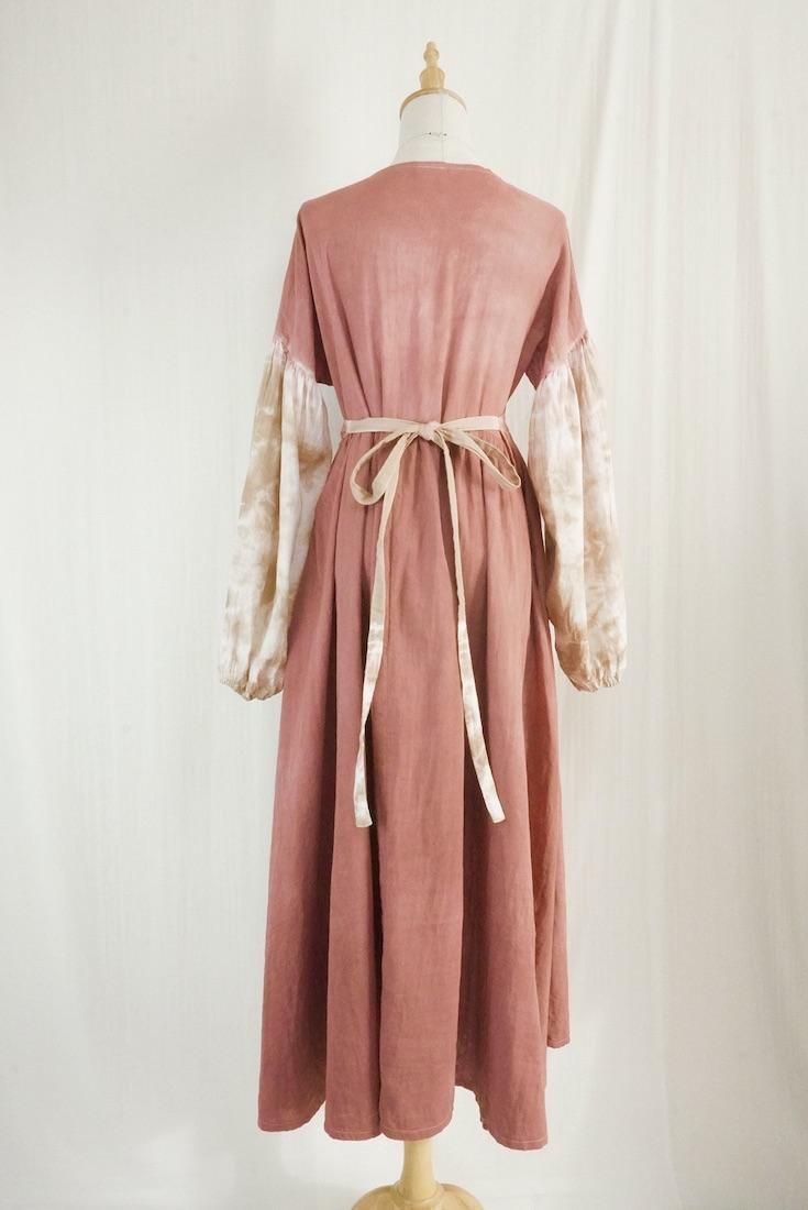 W-gauze Puff sleeve wrap long dress  Bordeaux x Brownsugar