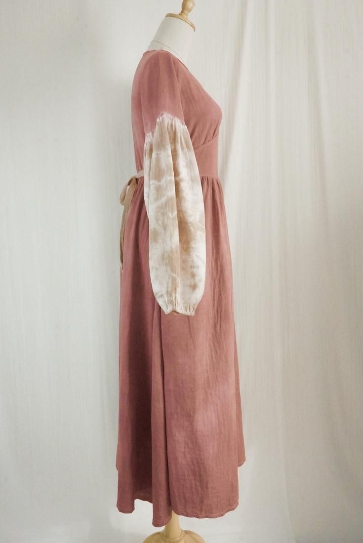 W-gauze Puff sleeve wrap long dress  Bordeaux x Brownsugar