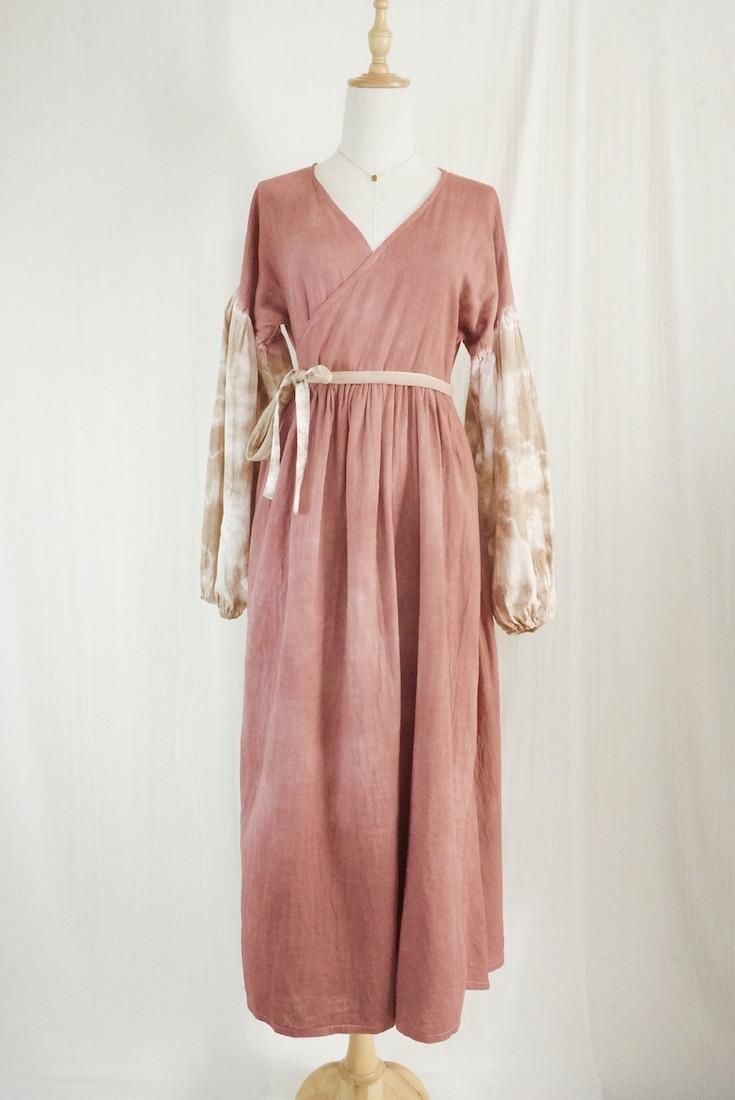 W-gauze Puff sleeve wrap long dress  Bordeaux x Brownsugar